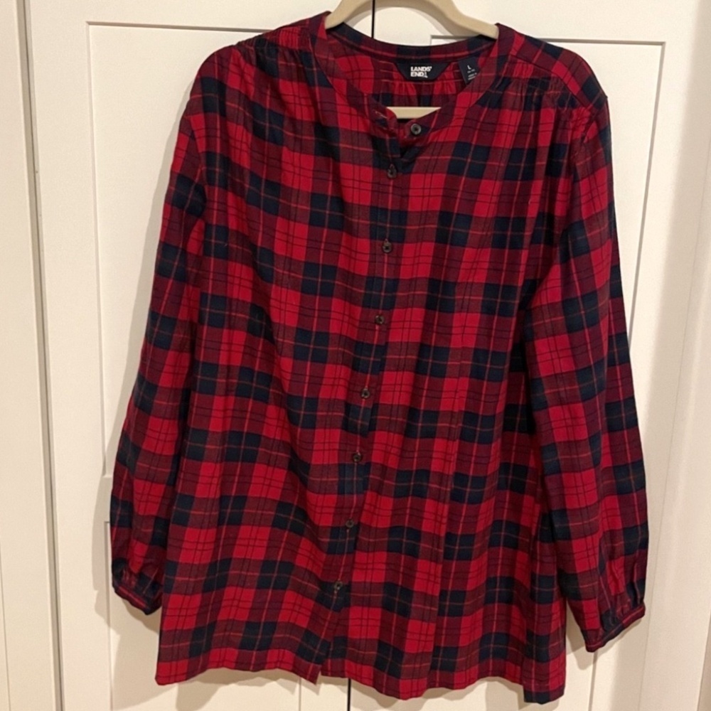 Women's Lands End Red plaid 100% Cotton Tunic Blouse Size Large